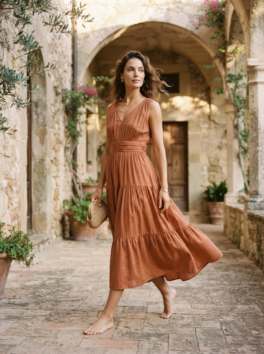 Modelo em vestido midi na cor âmbar terroso